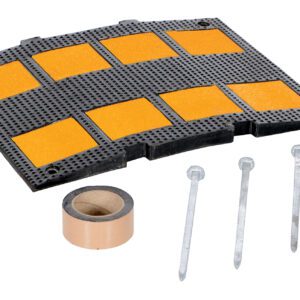 The Vestil Middle Section Asphalt Kit 23.5 includes a black rubber mat with eight orange sections, a beige tape roll, and five silver nails. Its versatile design features a curved edge with perforated holes and measures 23.5 inches for enhanced functionality.