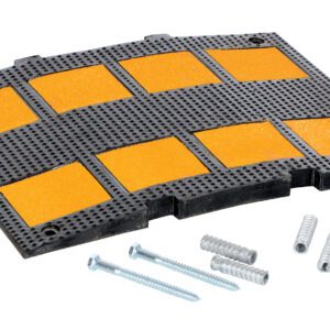 The Vestil Middle Section Concrete Kit 23.5 speed bump is 23.5 inches long and boasts a black and yellow design with eight textured rectangular patches, complete with metal screws and plastic wall plugs for easy concrete installation.