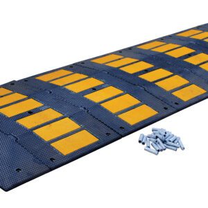The Vestil Rubber Speed Hump 35.25 X 120 Concrete sports a black and yellow checkered design, ideal for concrete surfaces. It comes with two sets of metal bolts and screws for easy setup, and its segmented build offers both portability and durability.