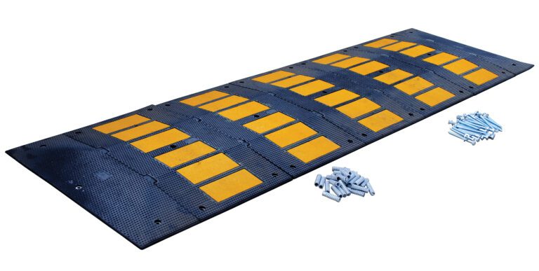 The Vestil Rubber Speed Hump 35.25 X 120 Concrete sports a black and yellow checkered design, ideal for concrete surfaces. It comes with two sets of metal bolts and screws for easy setup, and its segmented build offers both portability and durability.