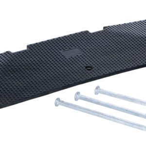 A black, perforated rubber mat with four holes sits alongside a Vestil Female End Cap 35.25 X 10.4 Asphalt Kit, three silver nails, and a roll of brown adhesive tape on a white background, resembling a kit ready for assembly or repair tasks.