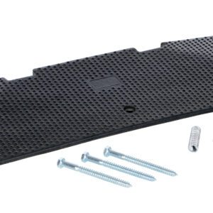 A Vestil Female End Cap 35.25 X 10.4 Concrete Kit features a black, textured rectangular rubber pad with three metallic screws and plastic anchors, presented on a stark white background.