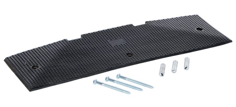 A Vestil Female End Cap 35.25 X 10.4 Concrete Kit features a black, textured rectangular rubber pad with three metallic screws and plastic anchors, presented on a stark white background.