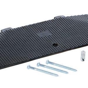 A pictured concrete kit shows a black metal bracket with perforated holes, two mounting tabs on top, alongside a Vestil Male End Cap 35.25 X 11.19 Concrete Kit, three screws, and three wall anchors against a white background.
