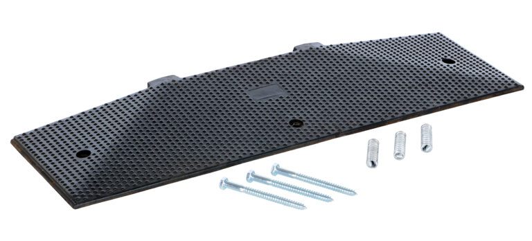 A pictured concrete kit shows a black metal bracket with perforated holes, two mounting tabs on top, alongside a Vestil Male End Cap 35.25 X 11.19 Concrete Kit, three screws, and three wall anchors against a white background.
