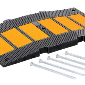 The Vestil Middle Section Asphalt Kit 35.25 includes a black rubber speed bump with five yellow reflective strips, adhesive tape, and five long metal screws for easy installation, enhancing safety and visibility on roadways.