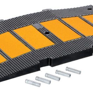 The Vestil Middle Section Concrete Kit 35.25 is a rectangular black rubber speed bump with five yellow reflective panels, measuring 35.25 inches. It includes a Concrete Kit with six metal bolts and plugs for secure installation.