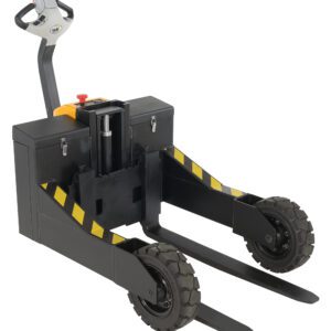 The Vestil Rough Terrain 24Vdc Battery Pk Ac Drive Motor 24 3K electric pallet truck has a black body with yellow safety stripes, two large wheels, and a gray handle with red accents. Its designed to efficiently move heavy pallet loads over rugged surfaces.