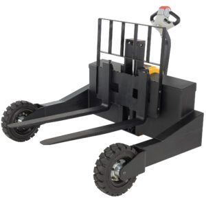 The Vestil Rough Terrain 24Vdc Battery Pk Ac Drive Motor 48 3K electric pallet jack has a robust battery, AC drive motor, dual 48 forks, durable rubber wheels, and a black frame with a red-and-black handle—ideal for moving pallets and heavy loads up to 3K in warehouses or industrial settings.