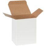 An MH-USA 4 x 3 x 5 White Reverse Tuck Folding Carton from a versatile pack of 250 is open with flaps outward, revealing a brown interior against a plain white background, highlighting its shape and structure.