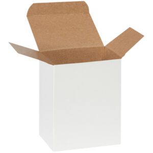 An MH-USA 4 x 3 x 5 White Reverse Tuck Folding Carton from a versatile pack of 250 is open with flaps outward, revealing a brown interior against a plain white background, highlighting its shape and structure.