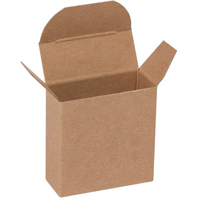 RTC12.jpg A Kraft reverse tuck folding carton (2 1/8 x 7/8 x 2 1/8) is shown open on a white background, highlighting its textured surface and simple design. Ideal for bulk storage with 1000 cartons per case.