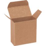 A small Kraft reverse tuck folding carton with flaps raised, revealing its empty interior, measures 2 1/2 x 1 1/4 x 2 1/2. The brown box, part of a case of 1000, is set against a plain white background.