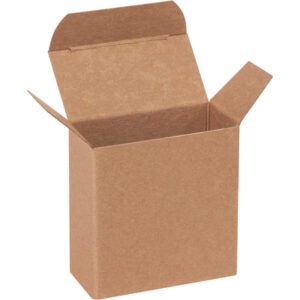 A small Kraft reverse tuck folding carton with flaps raised, revealing its empty interior, measures 2 1/2 x 1 1/4 x 2 1/2. The brown box, part of a case of 1000, is set against a plain white background.