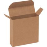 The 3 x 7/8 x 3 Kraft Reverse Tuck Folding Carton from a 1000/case set stands upright, its flaps elegantly spread against a plain white background.