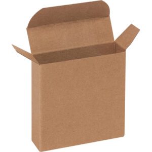 The 3 x 7/8 x 3 Kraft Reverse Tuck Folding Carton from a 1000/case set stands upright, its flaps elegantly spread against a plain white background.