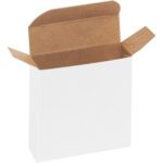 Open white cardboard box with flaps extended, resembling the MH-USA 3 x 7/8 x 3 White Reverse Tuck Folding Cartons (1000/Case), against a plain white background. The interior is brown, and the box is empty.