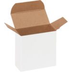An open MH-USA 3 x 1 5/16 x 3 White Reverse Tuck Folding Carton reveals its brown interior with ajar flaps, exuding minimalist elegance against a plain white background.