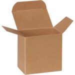An open 3 x 2 x 3 Kraft Reverse Tuck Folding Carton (500/Case) reveals its plain brown interior, typical for packaging and shipping. Neatly spread-out top flaps ensure efficient bulk handling.