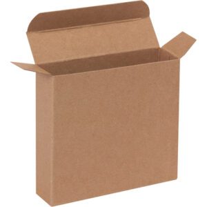 The 4 13/16 x 1 1/4 x 4 13/16 Kraft Reverse Tuck Folding Carton is displayed partially unfolded against a white background, highlighting its empty rectangular shape and corrugated texture.