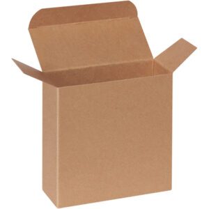 An empty, open-top 4 7/8 x 2 1/16 x 4 7/8 Kraft reverse tuck folding carton, showcasing a simple design on a white backdrop. Perfect for bulk orders with each case containing 250 cartons.