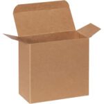A brown cardboard box with open flaps, standing upright against a plain white background, resembles the 5 1/4 x 2 1/4 x 5 1/4 Kraft Reverse Tuck Folding Cartons.