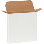 An open MH-USA 5 5/8 x 1 5/16 x 5 5/8 White Reverse Tuck Folding Carton against a white background features spread-out flaps and an unmarked interior, embodying simplicity and versatility.