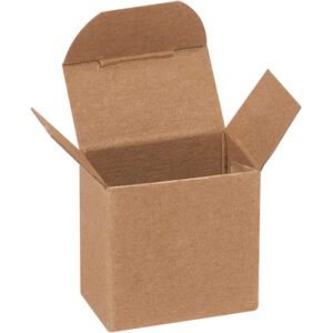 An open brown cardboard box with outward flaps sits on a white background, resembling the 1 7/16 x 13/16 x 1 7/16 Kraft Reverse Tuck Folding Cartons available in cases of up to 2000.