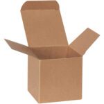 A brown cardboard box with open flaps, resembling a 3 x 3 x 3 Kraft Reverse Tuck Folding Carton (250/Case), rests gracefully on a white background.