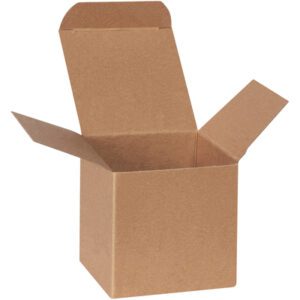 A brown cardboard box with open flaps, resembling a 3 x 3 x 3 Kraft Reverse Tuck Folding Carton (250/Case), rests gracefully on a white background.