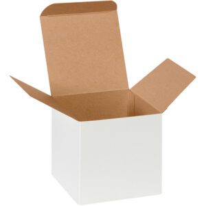 The open MH-USA 4 x 4 x 4 White Reverse Tuck Folding Carton (250/Case), with brown interior flaps extended, stands against a plain white background.