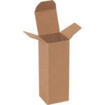 The tall, rectangular 1 1/2 x 1 1/2 x 4 Kraft Reverse Tuck Folding Carton, open with flaps against a white background, appears empty and ready for use. Part of a set of 1000 per case.