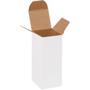 A tall MH-USA 1 1/2 x 1 1/2 x 4 white reverse tuck folding carton with an open flap top showing the brown interior stands upright against a plain background.