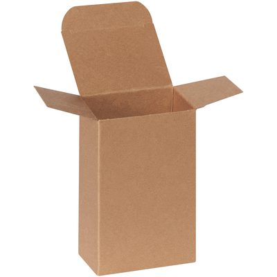 RTD5.jpg A 3 1/2 x 2 1/2 x 5 1/2 Kraft Reverse Tuck Folding Carton with extended flaps stands upright against a plain white background.