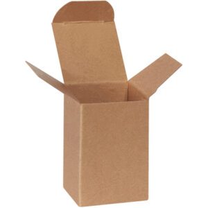 The 2 x 2 x 3 Kraft Reverse Tuck Folding Carton stands upright with partially extended flaps. This empty cardboard box, from the standard brown corrugated material, is ideal for shipping or storage needs.