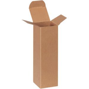 A 2 x 2 x 7 Kraft Reverse Tuck Folding Carton, part of a 500 per case set, stands upright with open flaps against a plain white background.