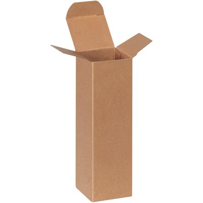 RTS13.jpg A 2 x 2 x 7 Kraft Reverse Tuck Folding Carton, part of a 500 per case set, stands upright with open flaps against a plain white background.