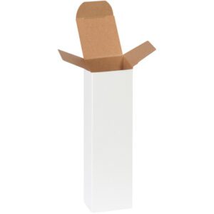 A tall, rectangular MH-USA 2 x 2 x 7 White Reverse Tuck Folding Carton stands against a plain background. The open-top box with its brown interior has four outward folded flaps, showcasing its sturdy structure.