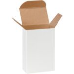 The image shows an open, upright MH-USA 2 x 1 1/4 x 3 White Reverse Tuck Folding Carton with brown flaps, set against a plain white background. It may be part of their bulk pack of 1000 per case.