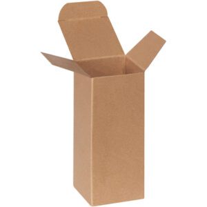 The 2 1/2 x 2 1/2 x 6 Kraft Reverse Tuck Folding Carton, sold in cases of 250, stands upright and empty, showcasing its classic brown texture typical of packaging materials.