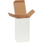 The MH-USA 3 x 3 x 6 white reverse tuck folding carton boasts flaps extended outward, contrasting a brown interior with its clean white exterior for an appealing presentation.