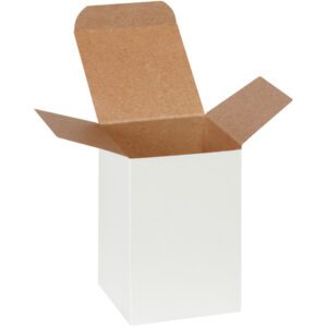 The upright MH-USA 4 x 4 x 6 White Reverse Tuck Folding Carton has a sleek white exterior and brown interior. Available in cases of 250, it offers ample storage solutions.