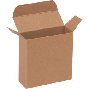 An upright, plain brown cardboard box with extended flaps on a white background resembles the 3 1/2 x 1 1/4 x 3 1/2 Kraft Reverse Tuck Folding Cartons.