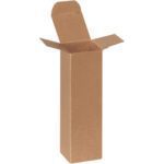 An upright, tall, rectangular corrugated cardboard box with open top flaps resembles a 1 3/4 x 1 3/4 x 6 Kraft Reverse Tuck Folding Carton from the case of 500.