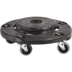 The Rubbermaid® Brute® Dolly is a black, round platform with four swivel caster wheels designed to transport heavy items. It has cut-out handles for easy maneuvering, providing convenience and reliability for moving tasks.