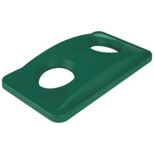 The Rubbermaid® Slim Jim® Bottle and Can Recycling Lid - 23 Gallon, Green, has a sloped design and two circular openings for convenient and efficient recycling of bottles and cans.