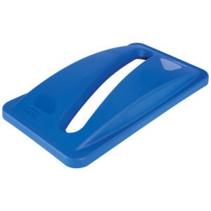 The Rubbermaid® Slim Jim® Paper Recycling Lid - 23 Gallon, Blue, features a dustpan-like design with a flat rectangular base and a raised back handle for efficient cleanup.