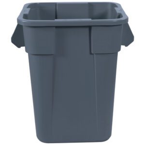 The Rubbermaid® Brute® Square Trash Can - 40 Gallon, Gray, features two side handles and a smooth, utilitarian design, making it efficient for waste management.