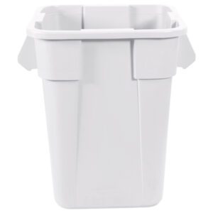 The Rubbermaid Brute Square Trash Can - 40 Gallon, White - 1 EACH has a plain, rectangular shape with a tapered design, wide rim, and dual side handles. Its smooth white surface offers a sleek touch to any space.
