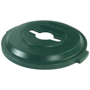 The Rubbermaid® Brute® Recycling Container Lid - 32 Gallon, Green features an oval opening, BRUTE embossing, and textured handles for easy lifting, enhancing your recycling experience.